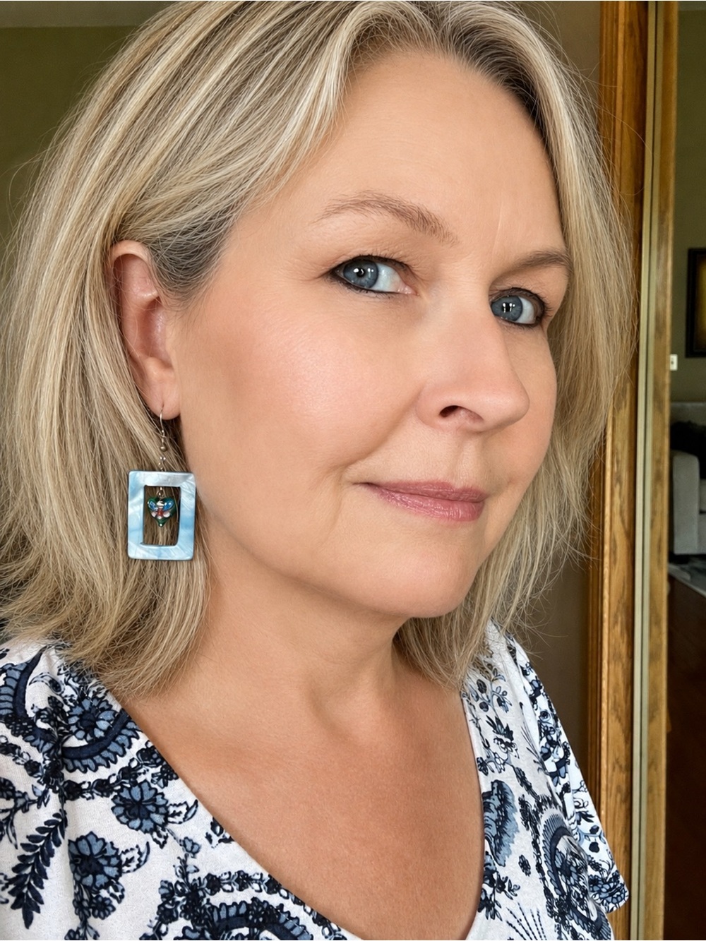 Blue Mother-of-Pearl Rectangle Drop Cloisonne Heart Earrings
